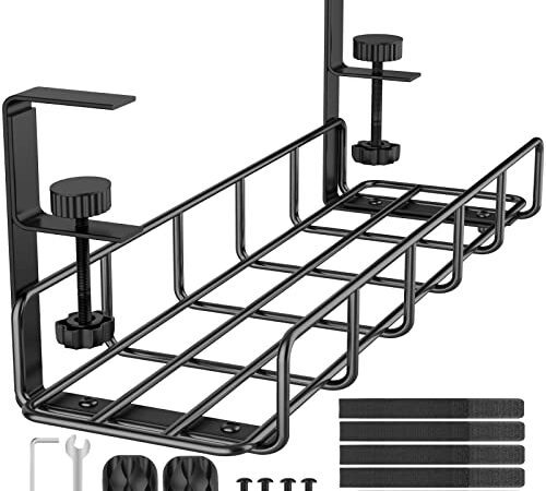 REFLYING Bandeja de Gestión de Cables Debajo del Escritorio Bandeja de Cables de Alambre de Metal para la Gestión de Cables y Regletas de Enchufes, Negro, 1 Paquete