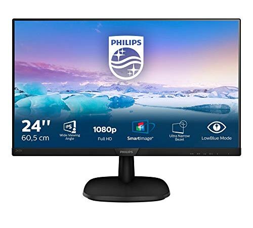 Philips Monitors - Monitor 243V7QDSB/00- 24", FHD, 75Hz, IPS, Flicker Free, (1920x1080, 250cd/m² VESA, DSUB, HDMI), Color Negro