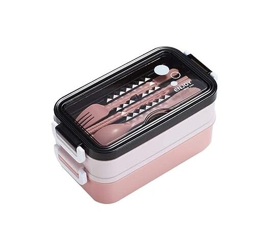 SANKRO fiambrera (con compartimentos) - lunch box - tupper (NO BPA) bento box - plástico - fiambrera comida trabajo - tupperware - 3 compartimentos CON cubiertos incluidos- 3 colores (ROSA)