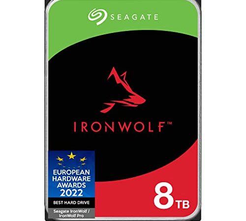 Seagate IronWolf, 8 TB, NAS, Disco duro interno, HDD, CMR 3.5" SATA 6 GB/s, 7200 RPM, caché de 256 MB para almacenamiento conectado a red RAID, 3 años de Rescue, Paquete Abre-fácil (ST8000VNZ04)