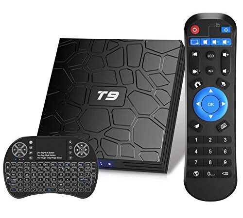 Android TV Box, T9 Android 9.0 TV Box con Mini Teclado inalámbrico 4GB RAM 32GB ROM RK3318 Bluetooth 4.0 Procesador Quad-Core Cortex-A53 2.4/5.0GHz WiFi Compatible con 4k2k Ultra H.265 Smart TV Box